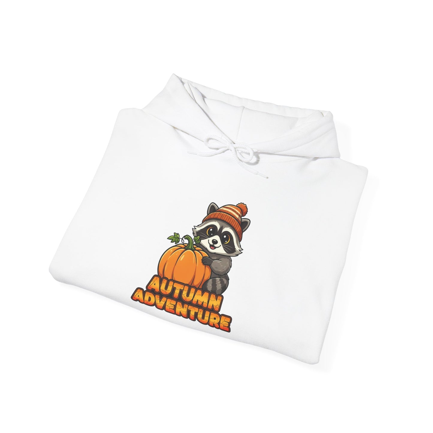 Autumn Adventure Hooded Sweatshirt, Cozy Fall Wear, Unisex Sweatshirt for Halloween, Cute Raccoon Design, Perfect for Friendsgiving