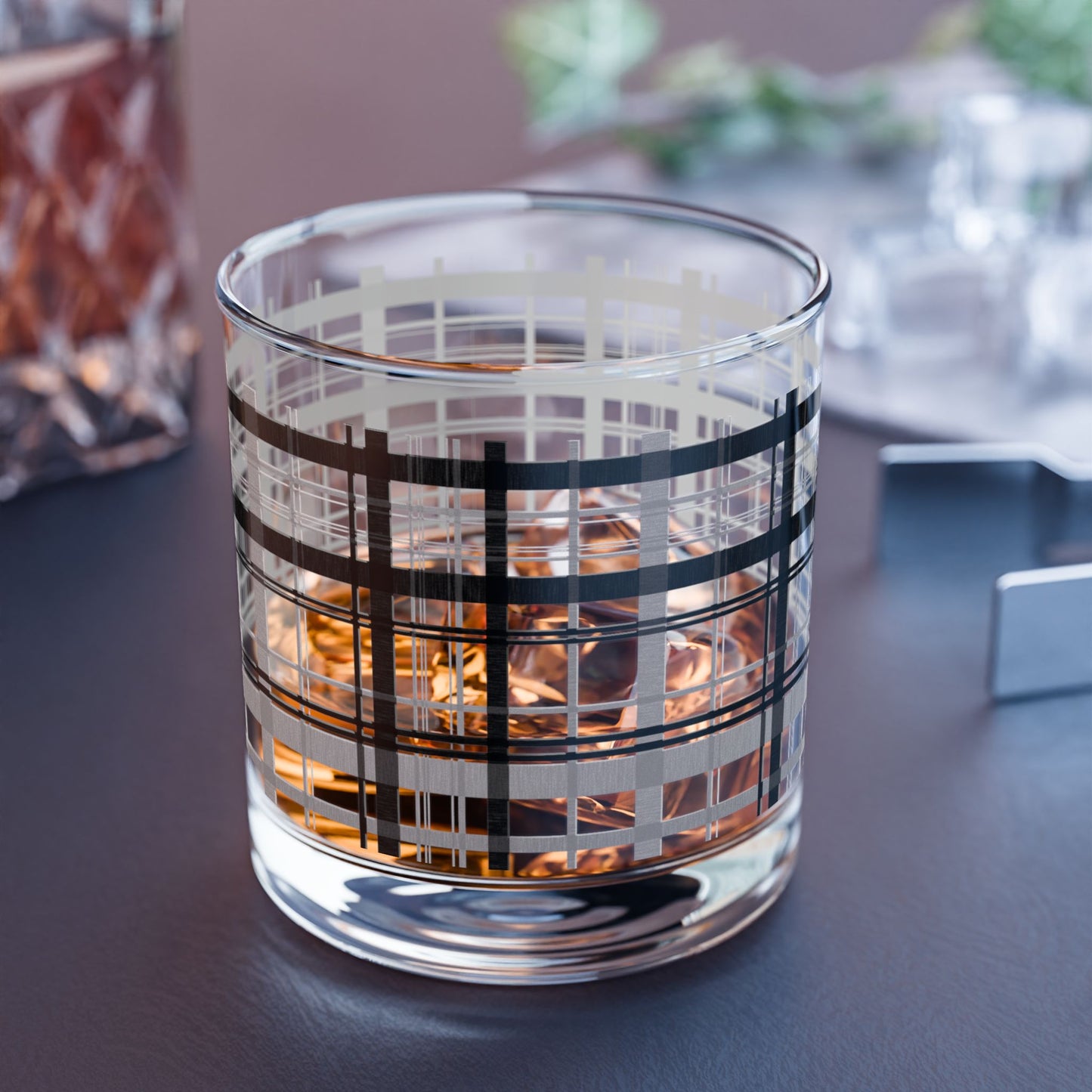 Stylish 10oz Rocks Glass - Modern Black Plaid Design, Whiskey Glass, Barware, Gift for Him, Home Décor, Housewarming