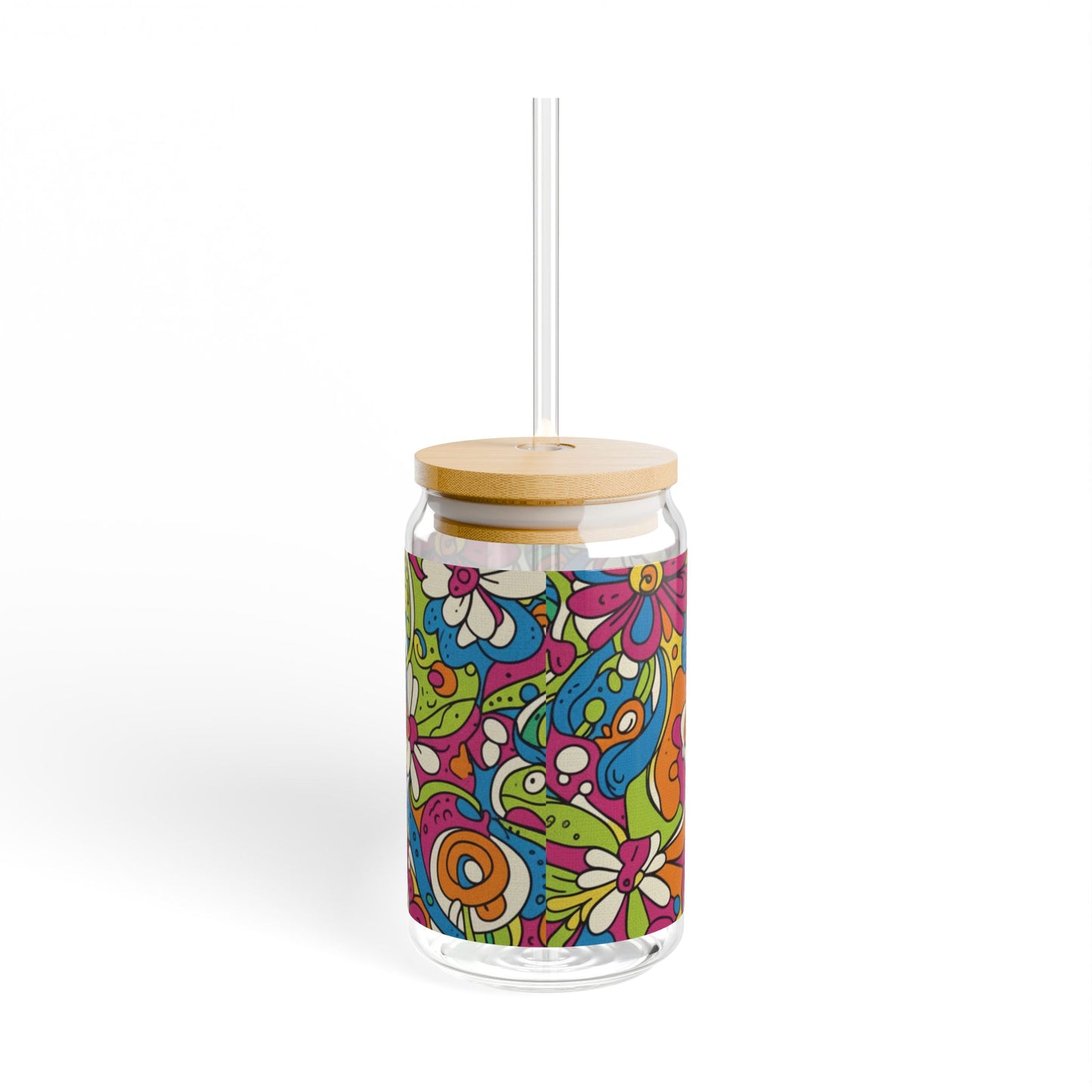 Vibrant Floral Sipper Glass, Colorful Drinkware, Glass Jar, Eco-Friendly Beverage Container, Fun Gift for Parties, Summer Refreshments