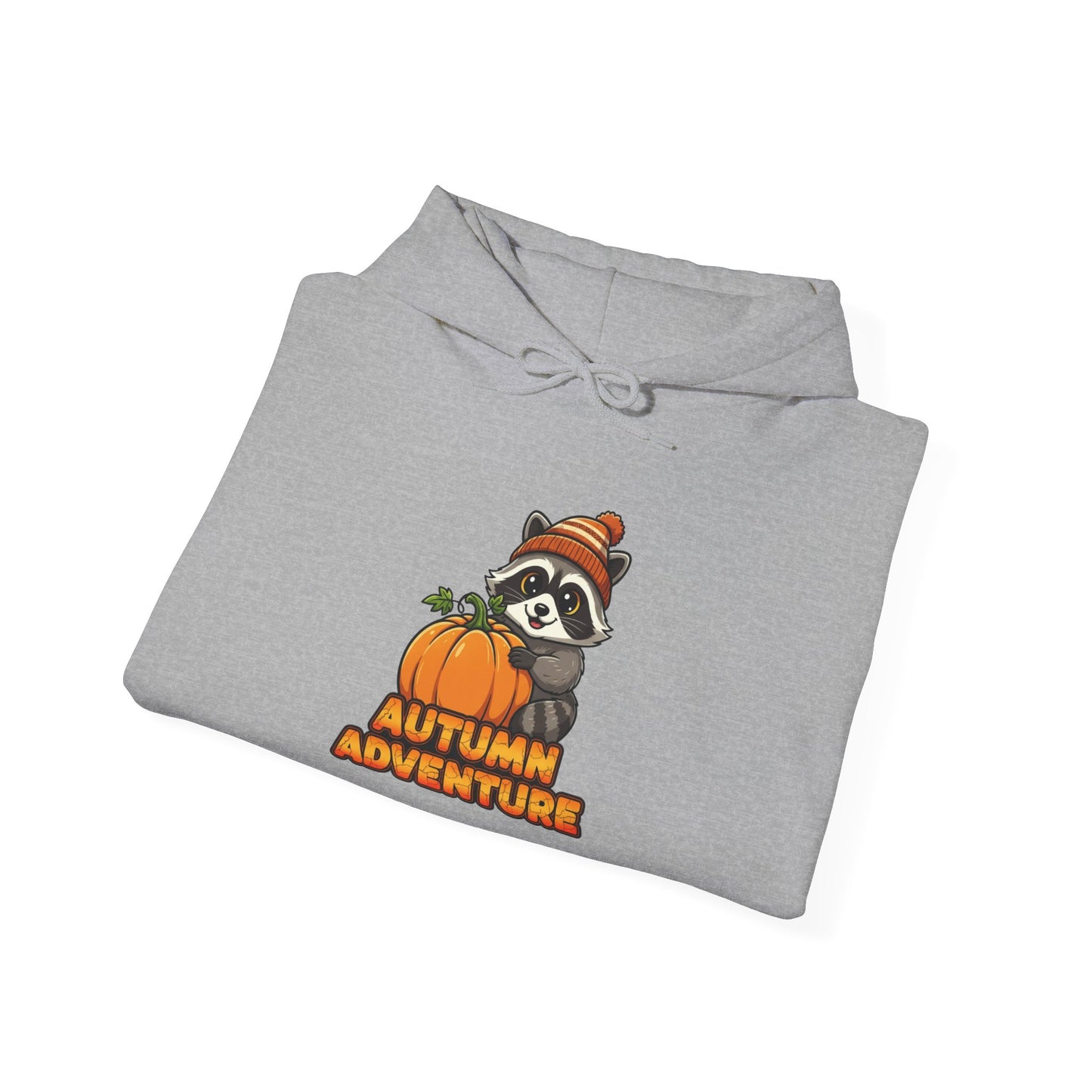 Autumn Adventure Hooded Sweatshirt, Cozy Fall Wear, Unisex Sweatshirt for Halloween, Cute Raccoon Design, Perfect for Friendsgiving