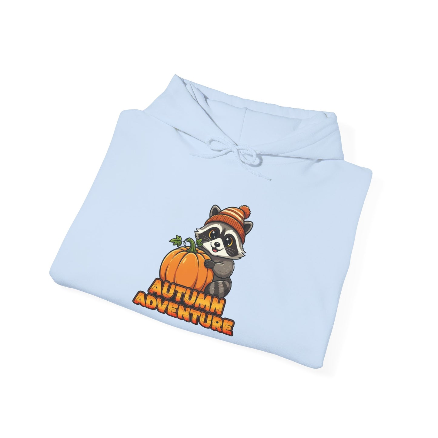 Autumn Adventure Hooded Sweatshirt, Cozy Fall Wear, Unisex Sweatshirt for Halloween, Cute Raccoon Design, Perfect for Friendsgiving