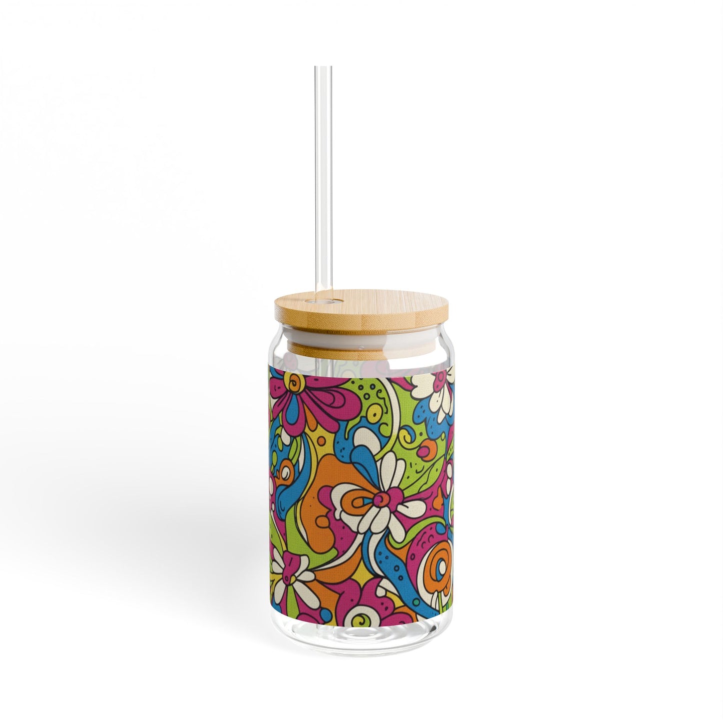 Vibrant Floral Sipper Glass, Colorful Drinkware, Glass Jar, Eco-Friendly Beverage Container, Fun Gift for Parties, Summer Refreshments