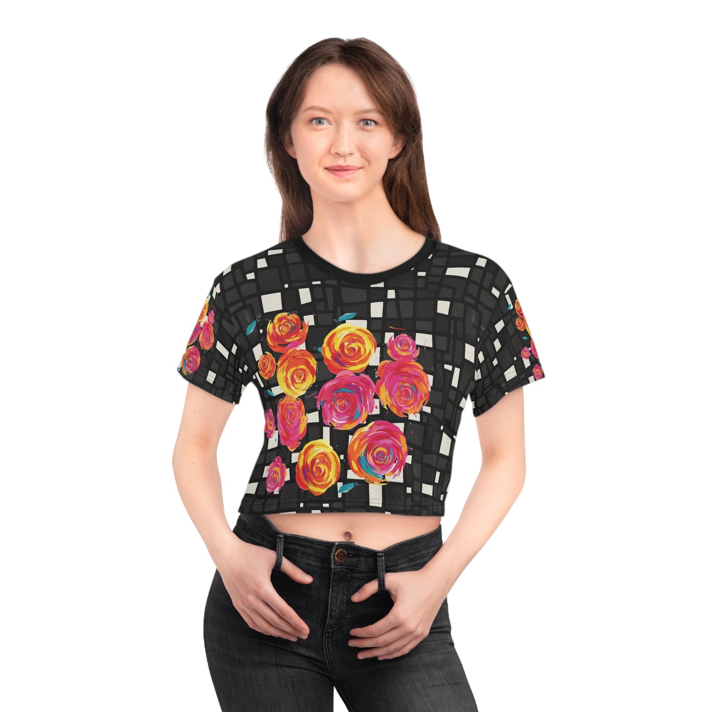 Floral Crop Tee - Bright Rose Design, Summer Vibes, Casual Wear, Gift for Her, Festival Style