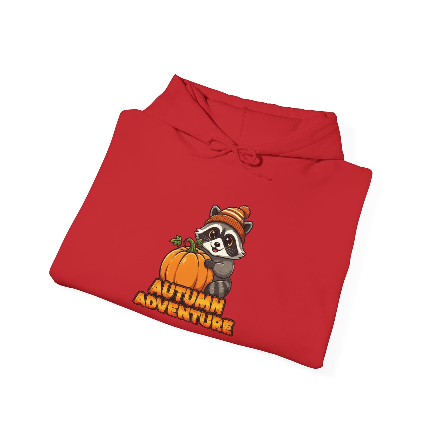 Autumn Adventure Hooded Sweatshirt, Cozy Fall Wear, Unisex Sweatshirt for Halloween, Cute Raccoon Design, Perfect for Friendsgiving