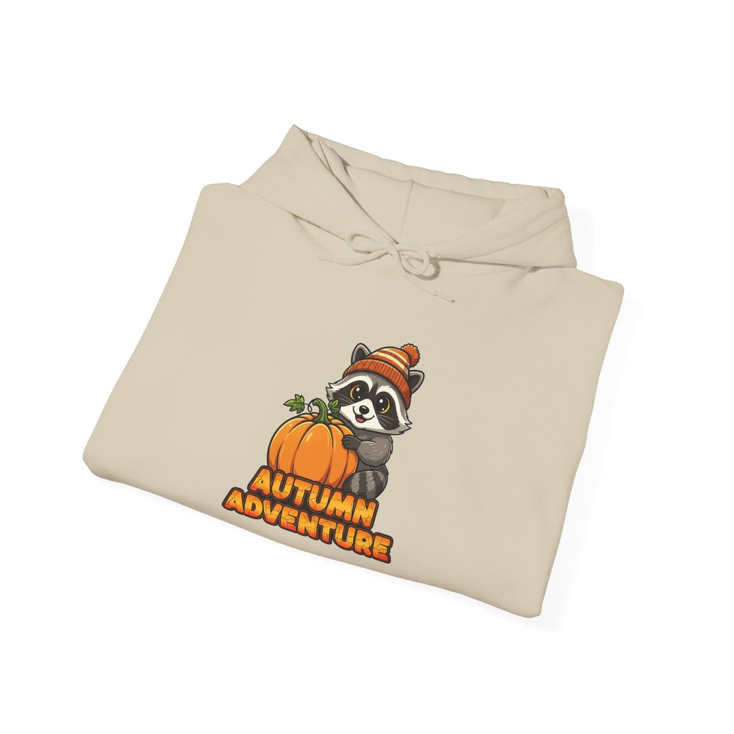 Autumn Adventure Hooded Sweatshirt, Cozy Fall Wear, Unisex Sweatshirt for Halloween, Cute Raccoon Design, Perfect for Friendsgiving