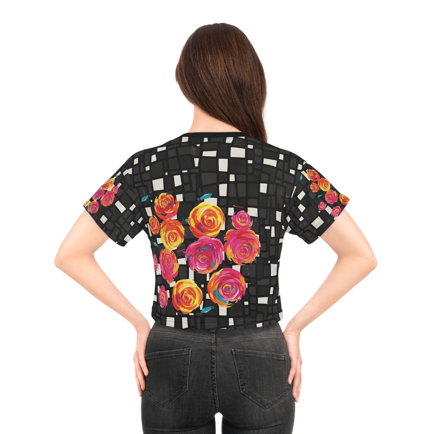 Floral Crop Tee - Bright Rose Design, Summer Vibes, Casual Wear, Gift for Her, Festival Style