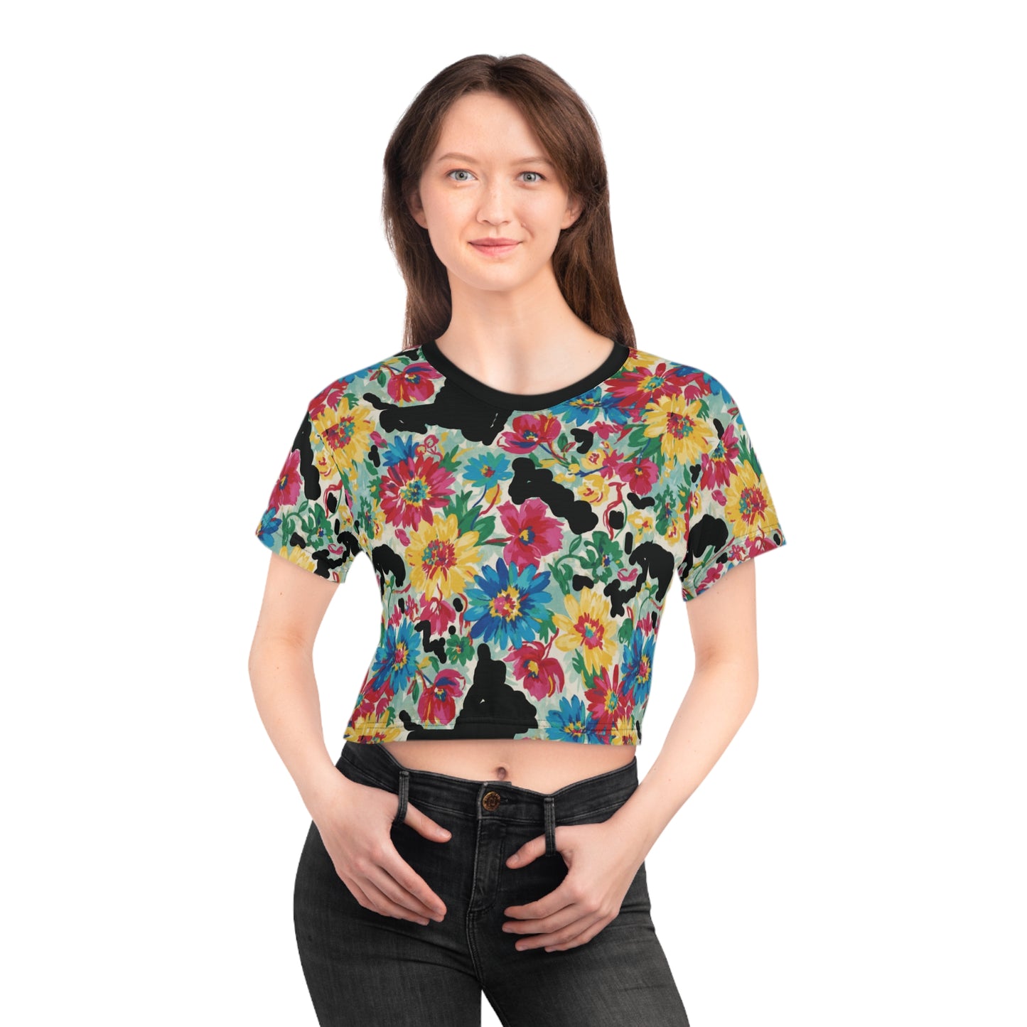 Floral Cat Crop Tee | Vibrant Summer Shirt for Animal Lovers, Casual Wear, Gift for Cat Moms, Trendy Top, Festival Style
