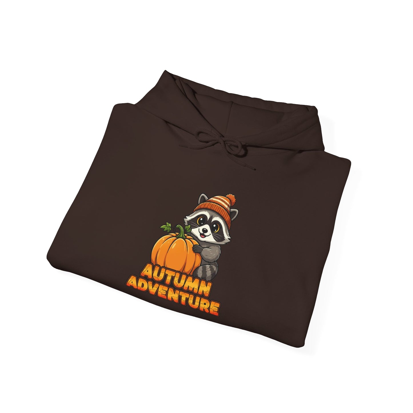Autumn Adventure Hooded Sweatshirt, Cozy Fall Wear, Unisex Sweatshirt for Halloween, Cute Raccoon Design, Perfect for Friendsgiving