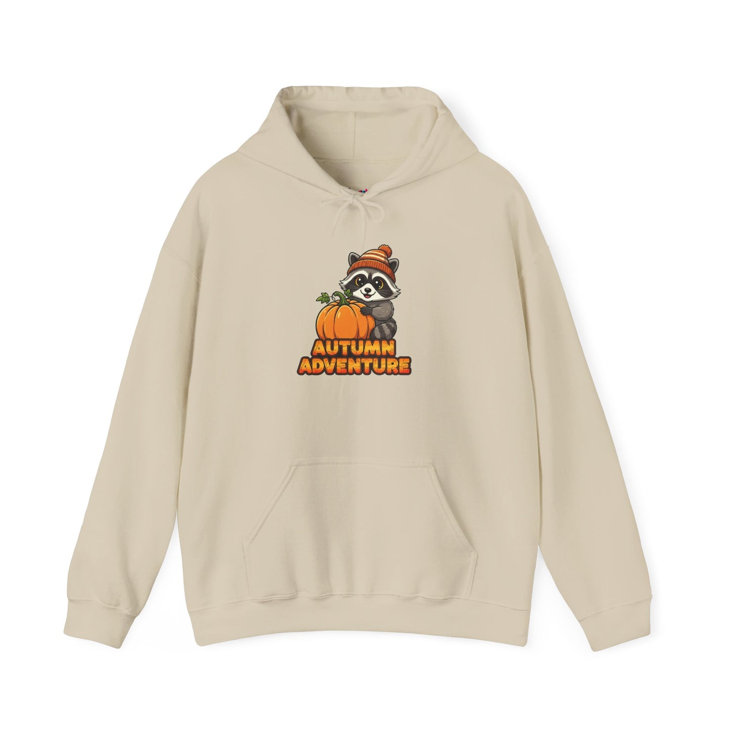 Autumn Adventure Hooded Sweatshirt, Cozy Fall Wear, Unisex Sweatshirt for Halloween, Cute Raccoon Design, Perfect for Friendsgiving