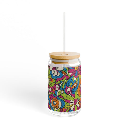Vibrant Floral Sipper Glass, Colorful Drinkware, Glass Jar, Eco-Friendly Beverage Container, Fun Gift for Parties, Summer Refreshments