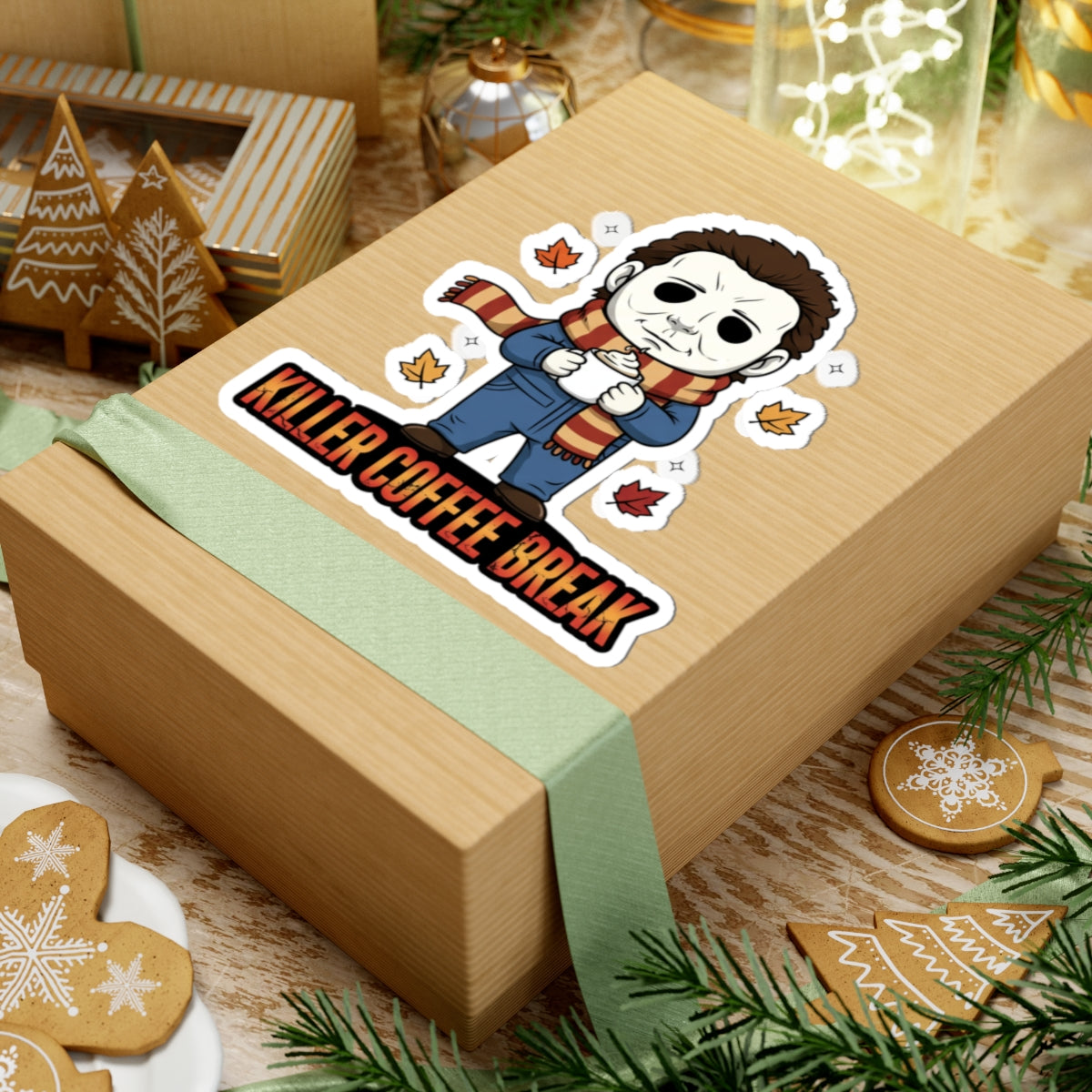 Killer Coffee Break Kiss-Cut Stickers, Horror Stickers, Halloween Decor, Unique Gift, Laptop Stickers, Coffee Lovers