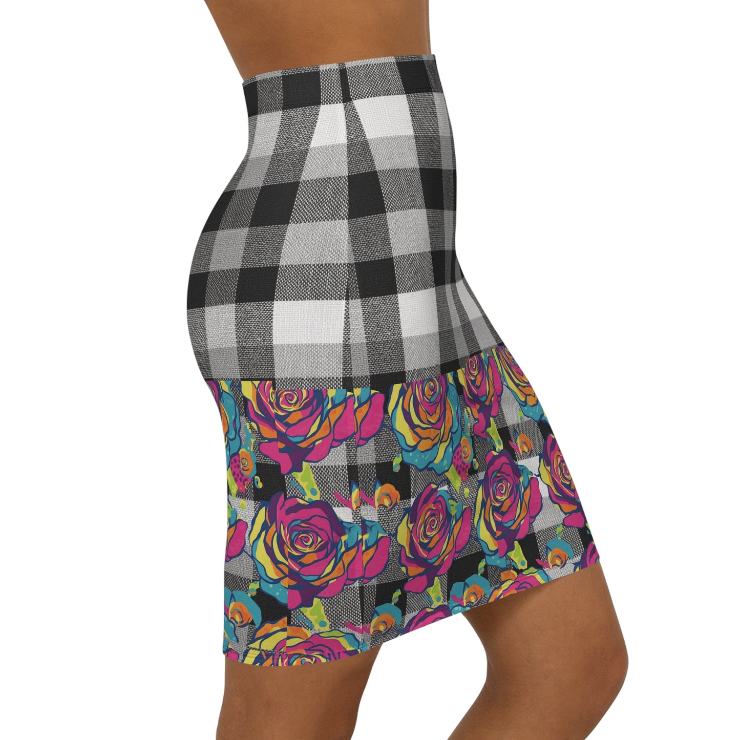 Colorful Floral Plaid Pencil Skirt, Stylish Women's Midi Skirt, Trendy Office Wear, Party Outfit, Casual Dress Up