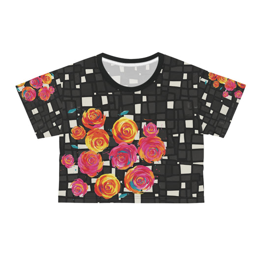 Floral Crop Tee - Bright Rose Design, Summer Vibes, Casual Wear, Gift for Her, Festival Style
