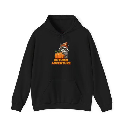 Autumn Adventure Hooded Sweatshirt, Cozy Fall Wear, Unisex Sweatshirt for Halloween, Cute Raccoon Design, Perfect for Friendsgiving