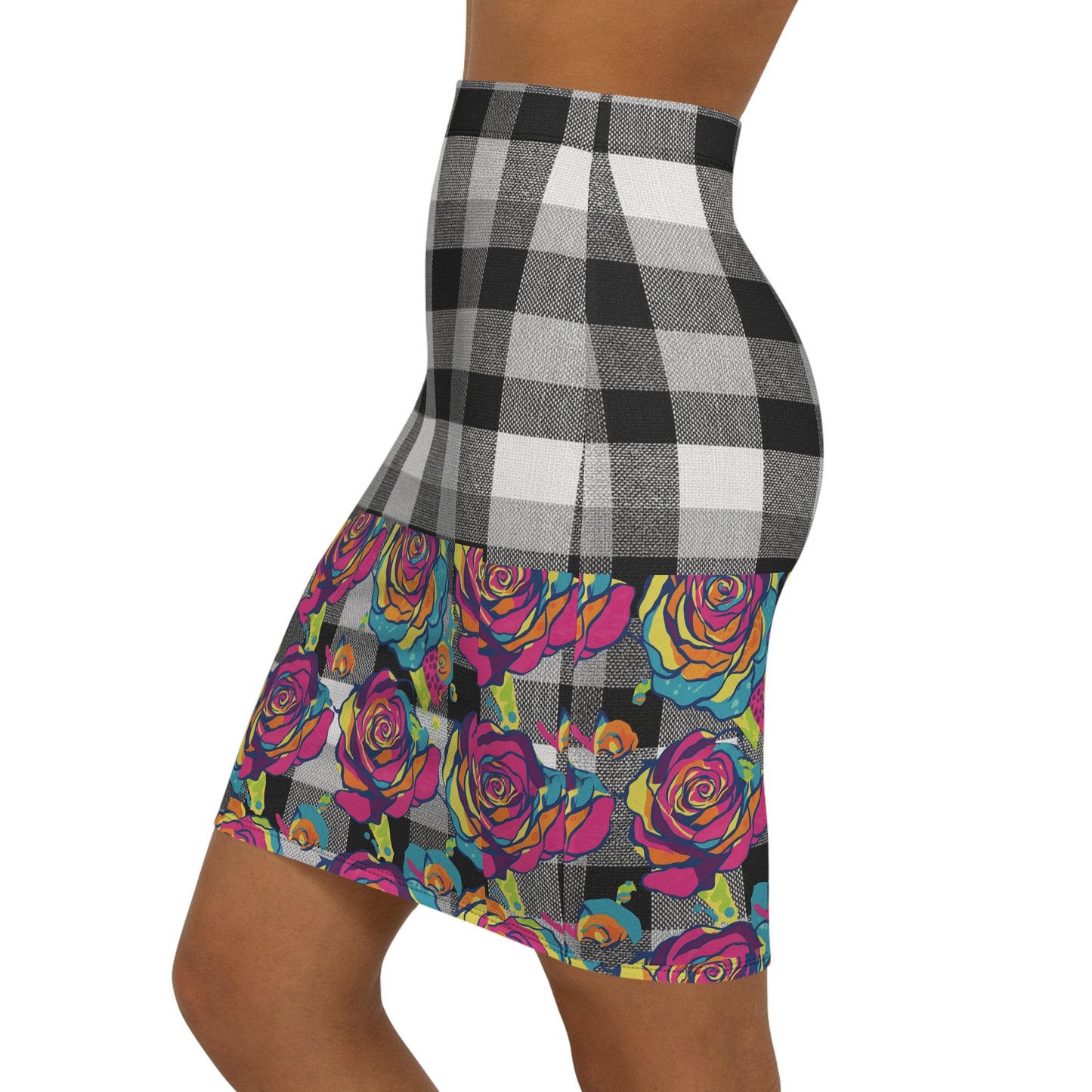 Colorful Floral Plaid Pencil Skirt, Stylish Women's Midi Skirt, Trendy Office Wear, Party Outfit, Casual Dress Up