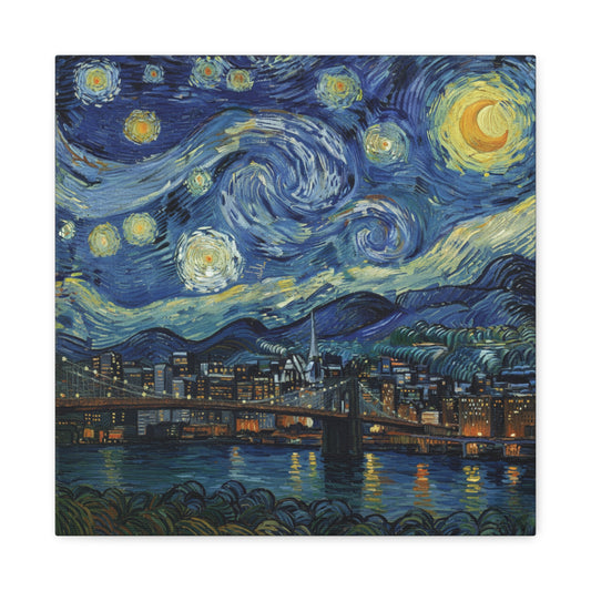 Canvas Wall Art, Starry Night inspired, New York City Brooklyn Bridge Art, Home Decor, Gift for Art Lovers, Colorful Landscape Art, Night Sky Decoration