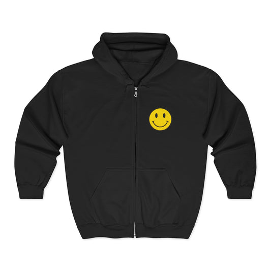 Happy Smiley Zip Hoodie | Unisex Hooded Sweatshirt, Casual Wear, Gift Idea, Summer Nights, Relaxed Vibe, Everyday Comfort