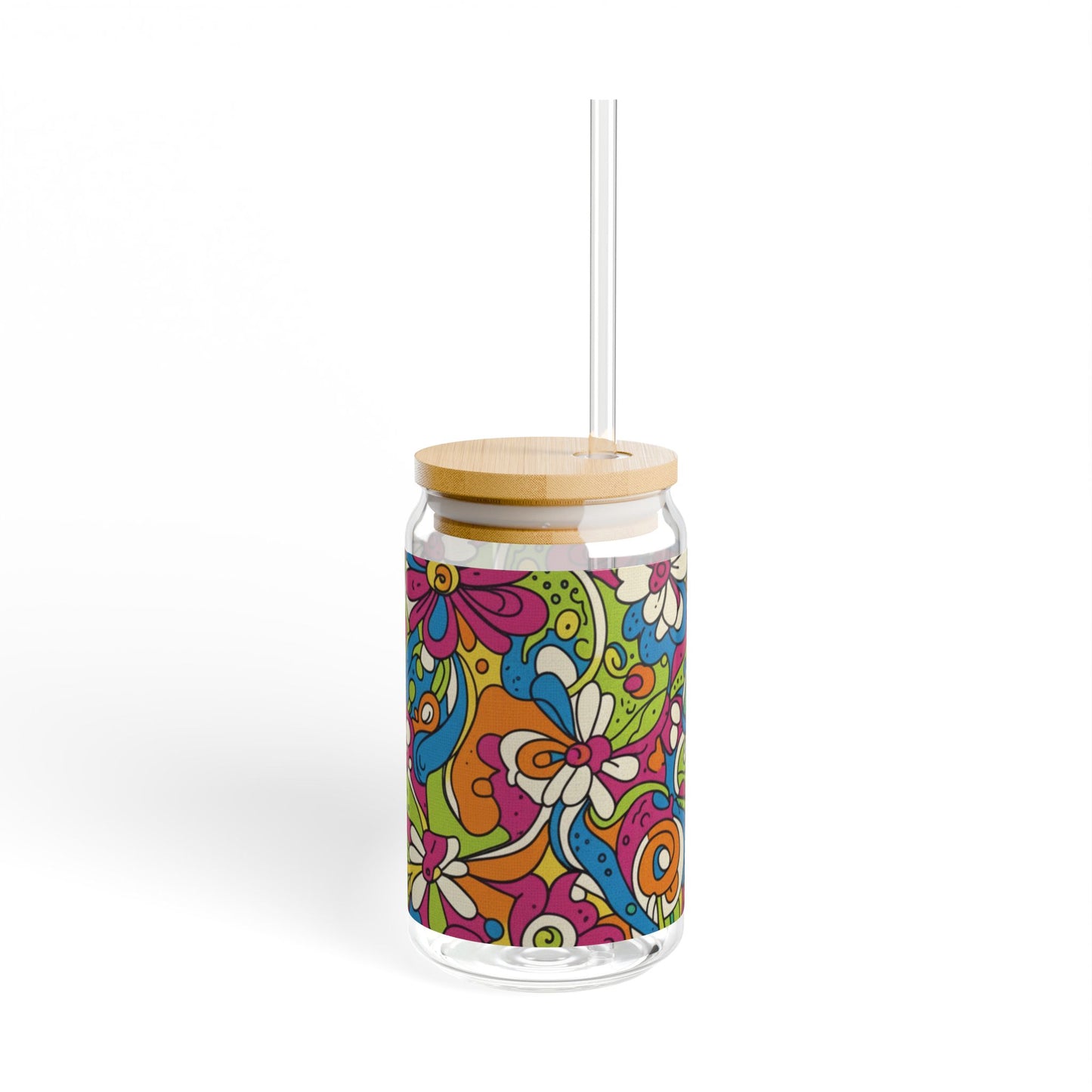 Vibrant Floral Sipper Glass, Colorful Drinkware, Glass Jar, Eco-Friendly Beverage Container, Fun Gift for Parties, Summer Refreshments