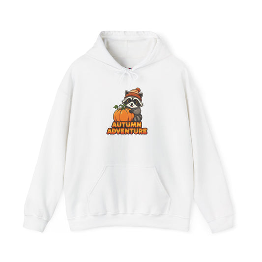 Autumn Adventure Hooded Sweatshirt, Cozy Fall Wear, Unisex Sweatshirt for Halloween, Cute Raccoon Design, Perfect for Friendsgiving